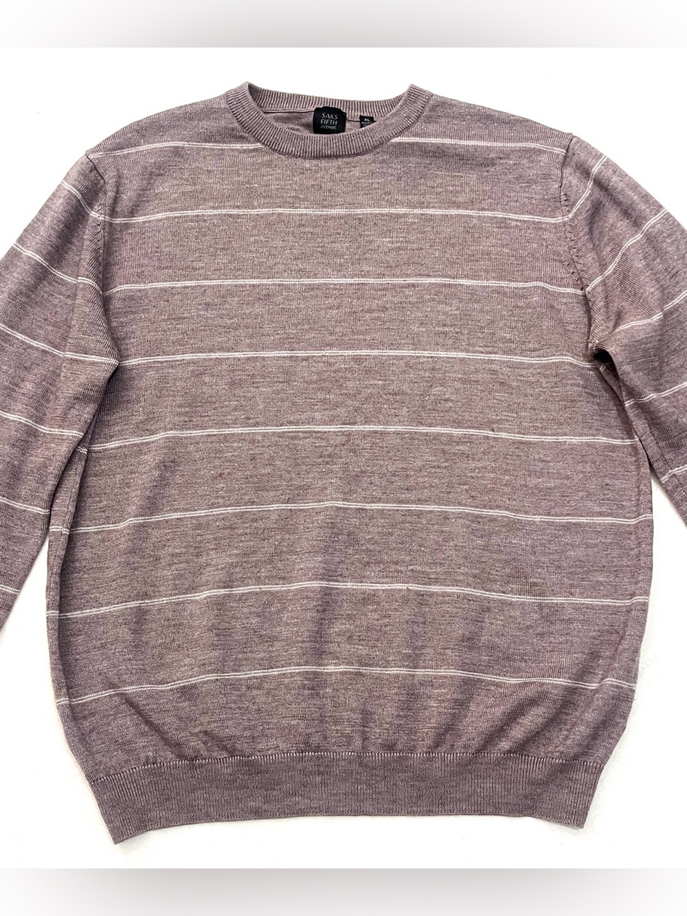 Saks Fifth Avenue Light Brown Striped Crewneck Wool Blend Sweater Women’s XL - Picture 2 of 16